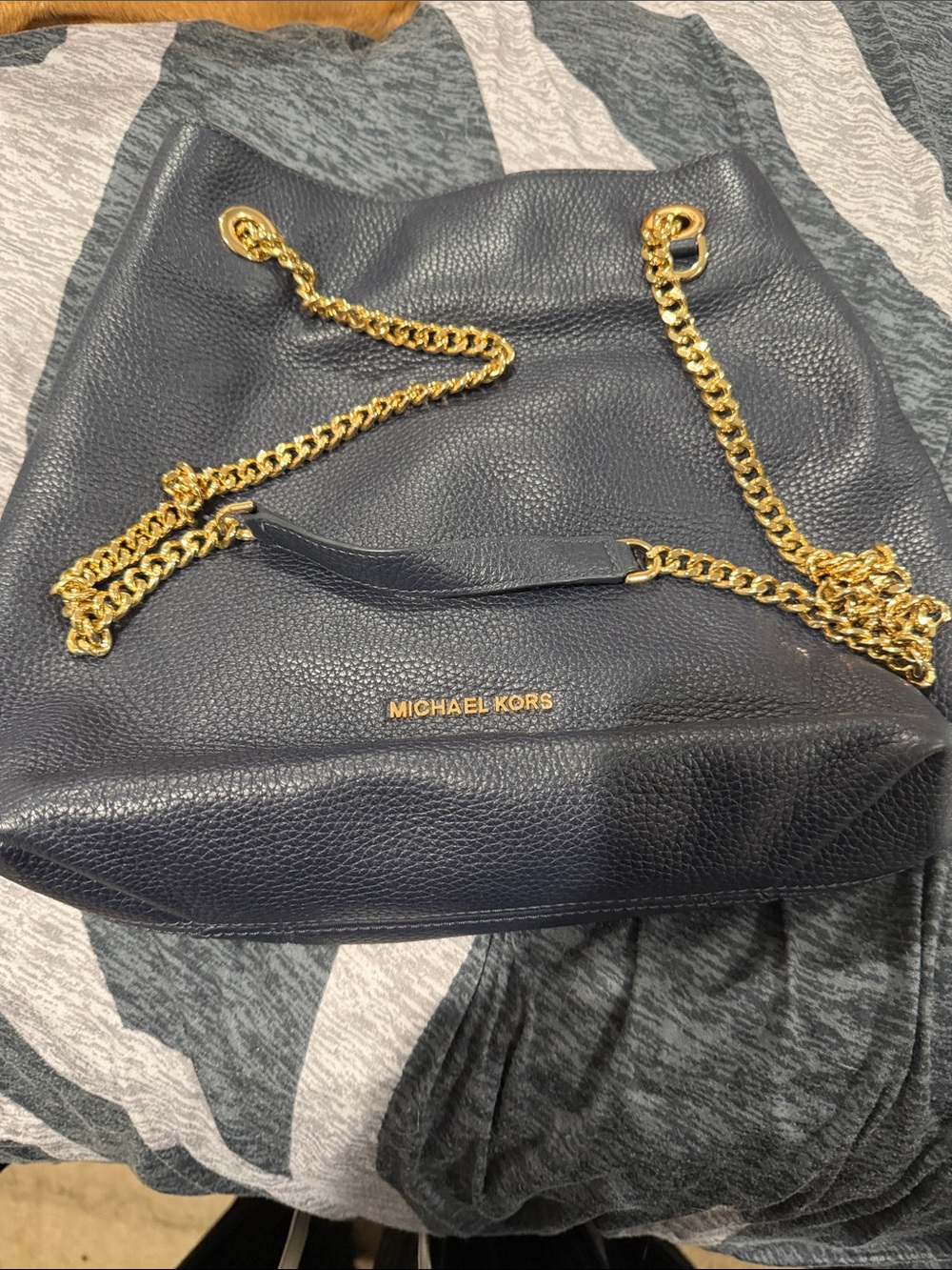 Michael Kors Navy Pebbled Leather Shoulder Bag with Gold Chain Straps